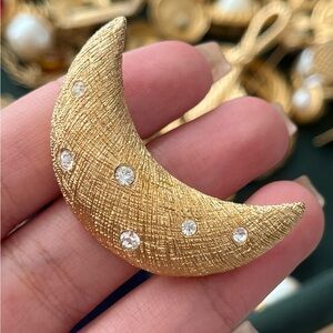 Vintage Christian Dior Moon Astral Celestial Rhinestone Brushed Gold Brooch Pin